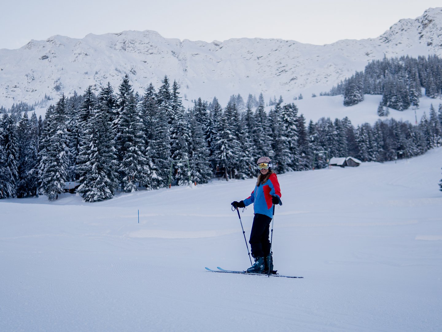 Skifahren lernen im Herzen des Allgäus Person beim Skifahren vor schneebedeckten Bäumen und Bergen